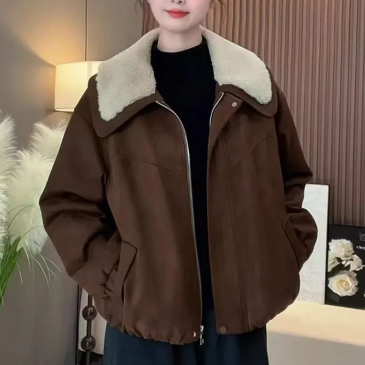 冬季新款牛皮绒翻领加绒加厚韩版百搭外套时尚加毛外套