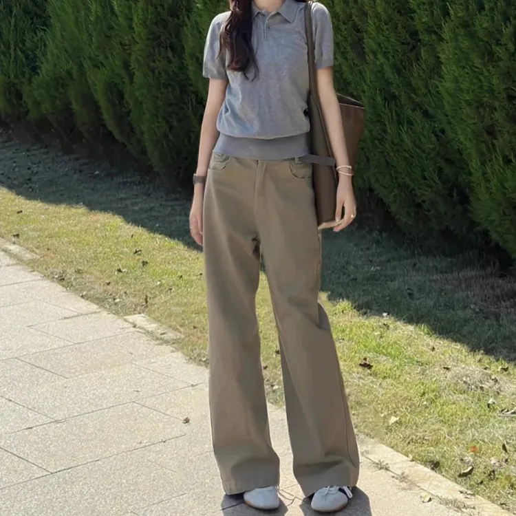 拉夏贝尔慵懒风卡其高腰牛仔裤女春秋梨型身材显瘦宽松百搭直筒裤