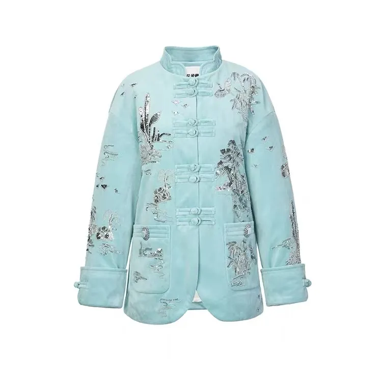 LeFame/拉飞姆2024年冬季新中式亭台楼阁丝绒外套女LF24D31DC049