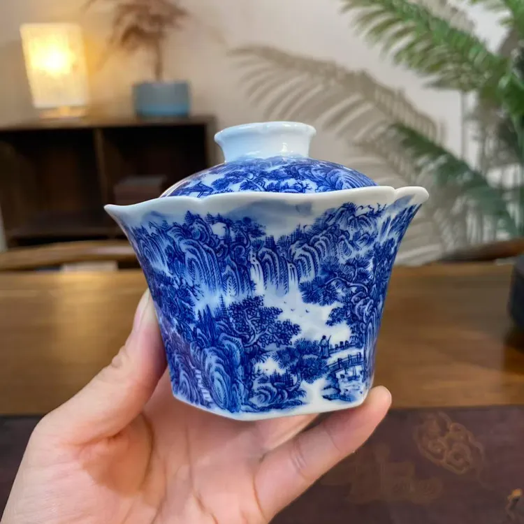 【九茗珍藏】精工山水二才六方盖碗 景德镇纯手工手绘茶器茶具