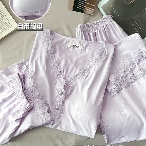 文艺风睡衣女款夏季款开衫带胸垫短袖长裤可外穿三件套装家居服