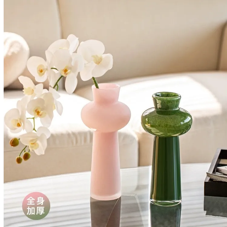 复古圆润磨砂粉玻璃花瓶摆件客厅插花透明水培鲜花中古小众高级感