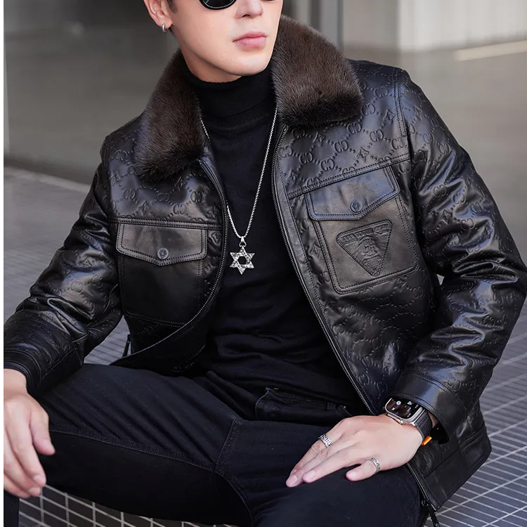 塞弗索罗温冬季绵羊皮羽绒服短款真皮皮衣男水貂毛翻领皮夹克外套