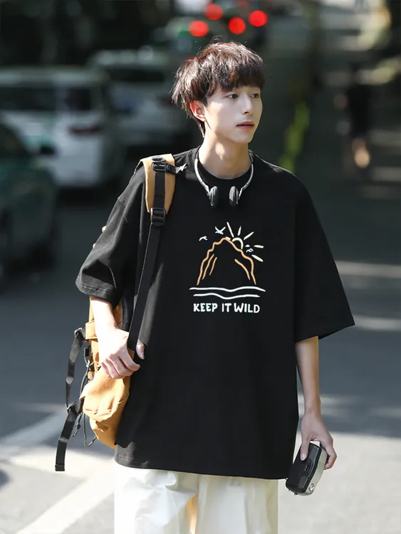 【线条简约】纯棉240g高档短袖短袖t恤男生青少年夏季宽松新款