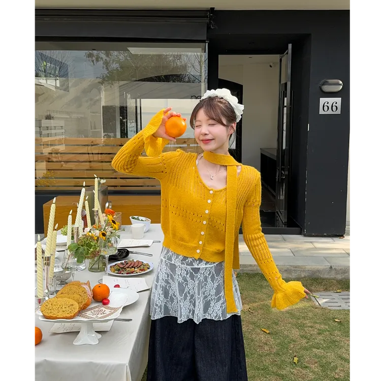 甜美套装黄色飘带针织开衫女秋季内搭蕾丝吊带背心两件套