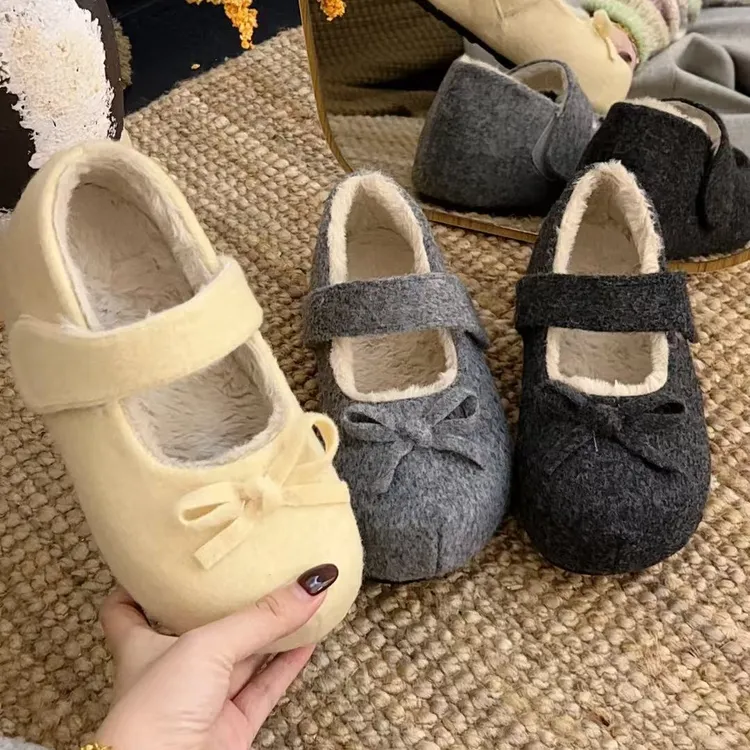 2025秋季防滑单鞋毛呢新款软底蝴蝶结纯色低跟增高玛丽珍鞋冬季