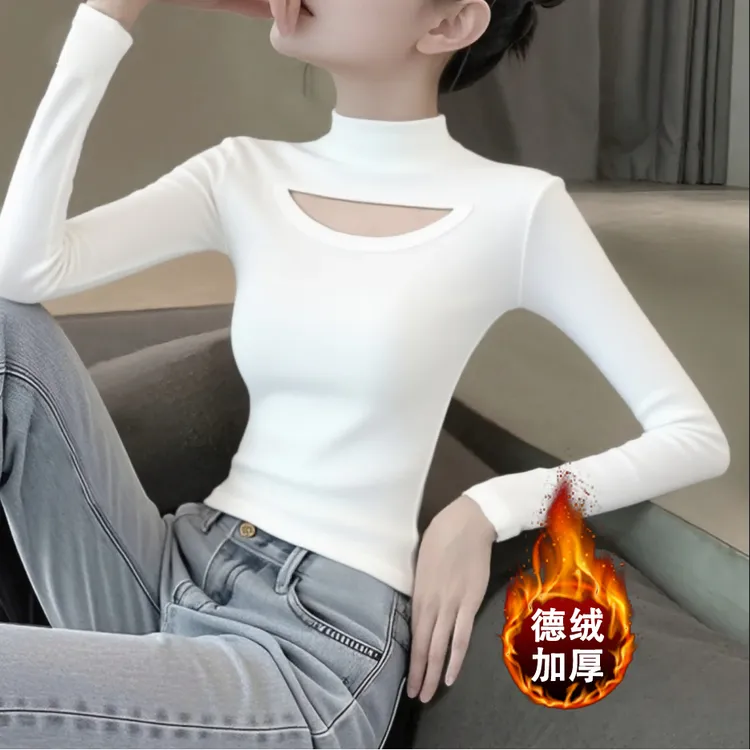 2025秋冬欧货半高领镂空长袖打底衫女新款设计感修身显瘦内搭上衣