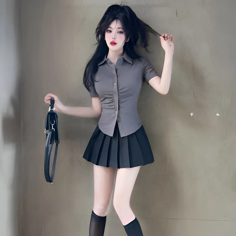 弹力褶皱收腰衬衫女工服纯欲风甜辣妹JK制服衬衣显瘦灰色短袖上衣