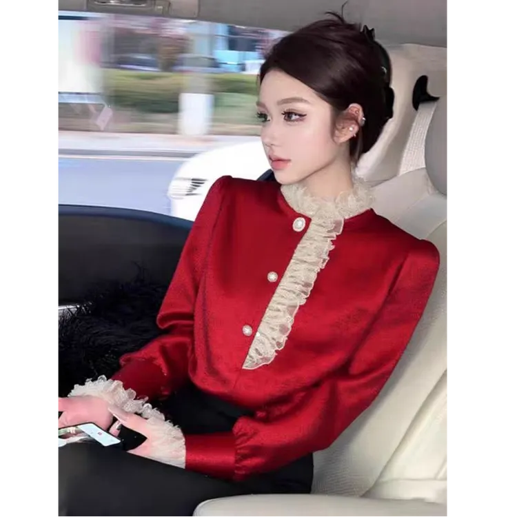 圣诞新年红色衬衫女秋冬高级感轻奢减龄洋气独特别致法式小资上衣