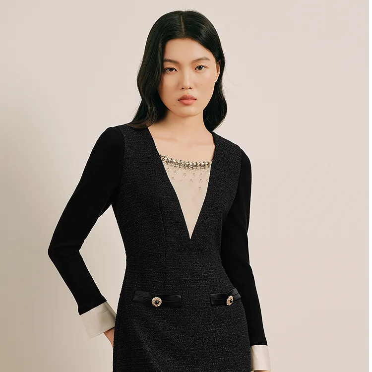 OBBLIGATO奥丽嘉朵2025春季新款黑色翻领假两件连衣裙1C65105300