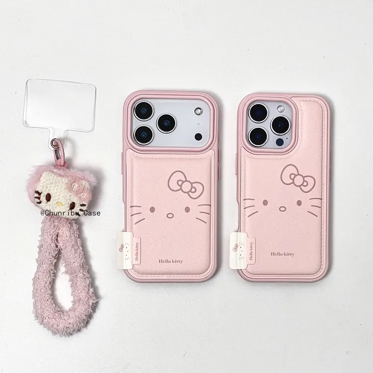 秋冬皮纹线条大脸hellokitty适用苹果17/16promax手机壳15/14/13