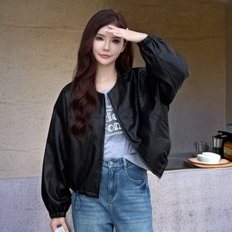 2025春秋爆款小个子复古圆领短款皮衣女宽松高级感韩版机车皮夹克