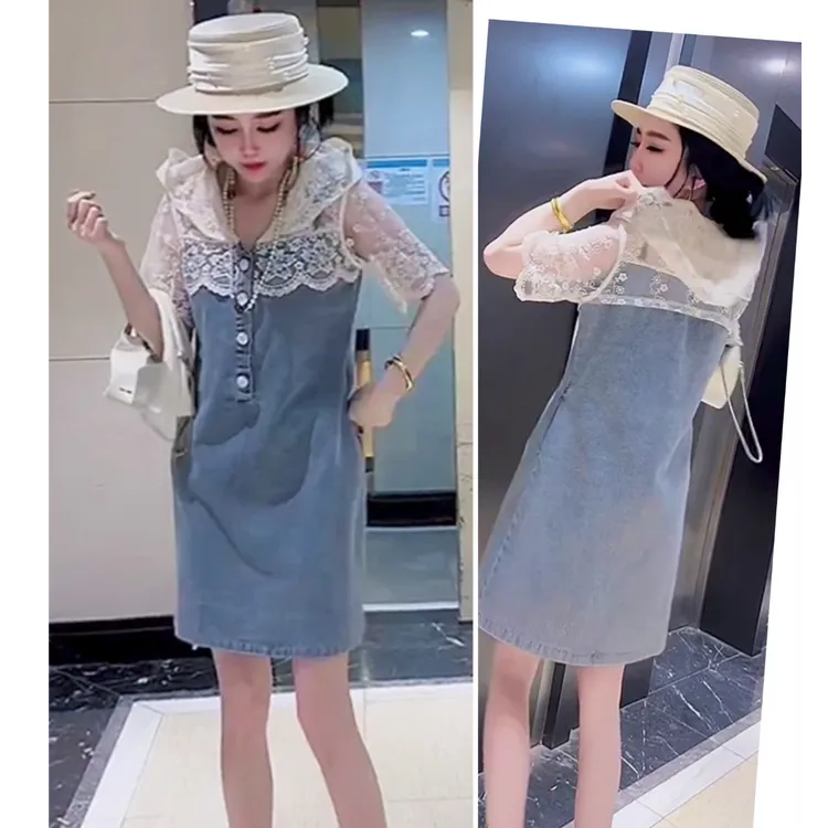 欧韩蕾丝拼接2025牛仔连衣裙夏季时尚新款休闲爆款外穿上衣薄款通