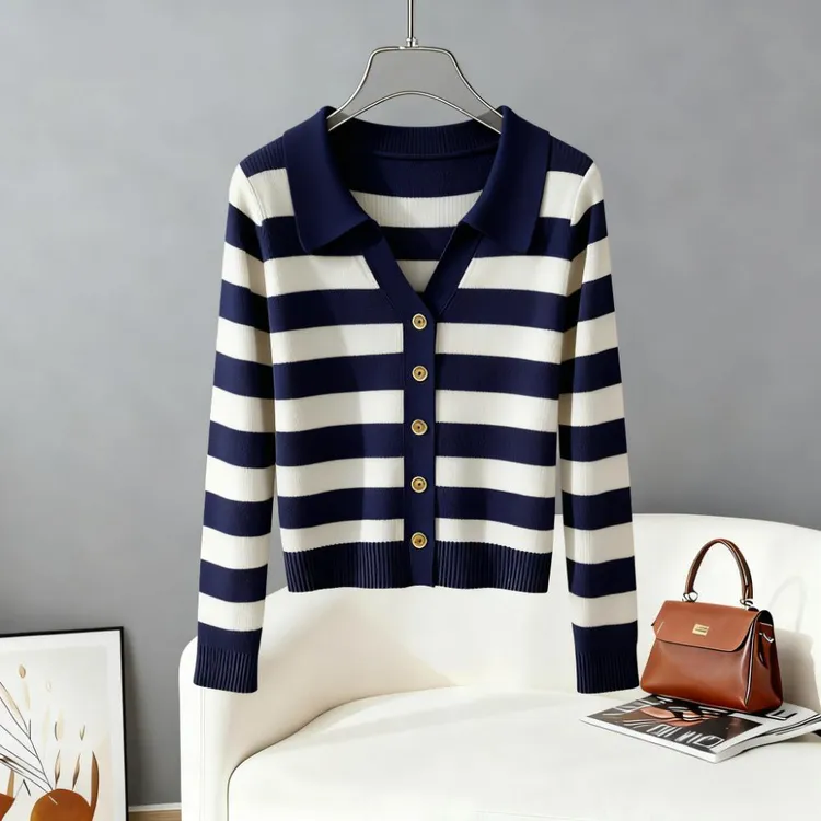 时尚高级感条纹针织开衫毛衣女2025新款秋冬季慵懒风上衣打底衫女