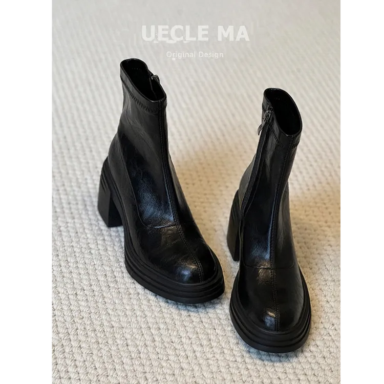 现货~短靴女秋冬新款增高厚底马丁靴小个子高跟鞋粗跟法式瘦瘦靴