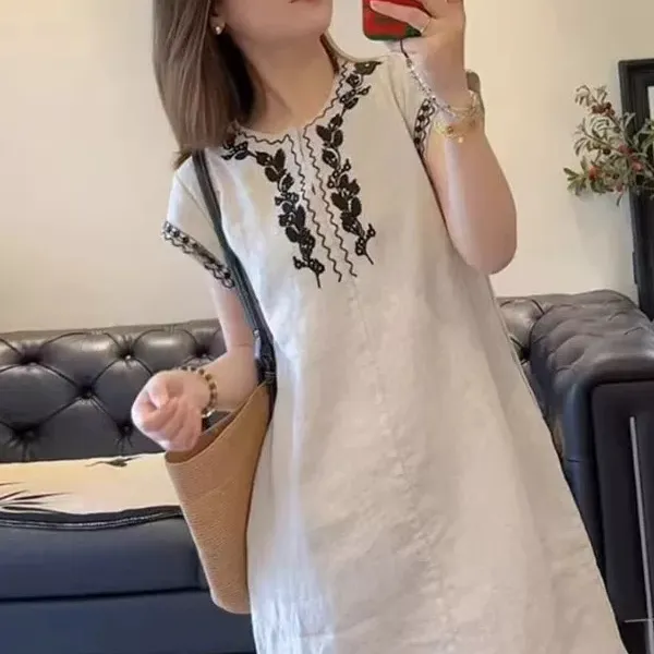 清仓有袖棉麻连衣裙子女士夏季25年新款短袖气质遮肉爆款