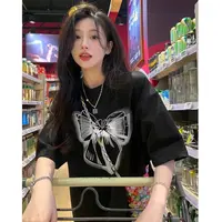 秋季时尚宽松印花潮流卡通圆领设计感短袖-黑纱蝴蝶