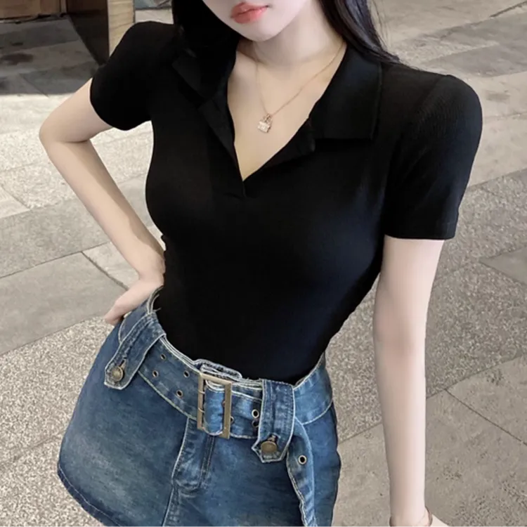 小心机V领短袖T恤洋气衣服女夏小众设计感休闲百搭修身polo领上衣