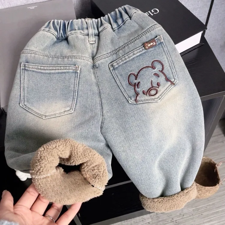 儿童男童加绒裤子2025冬装新款宝宝加厚一体绒儿童羔羔绒牛仔裤潮