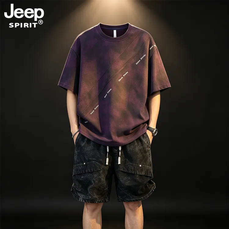 JEEPSPIRIT套装男士夏季新款美式大码宽松扎染短袖短裤休闲两件套