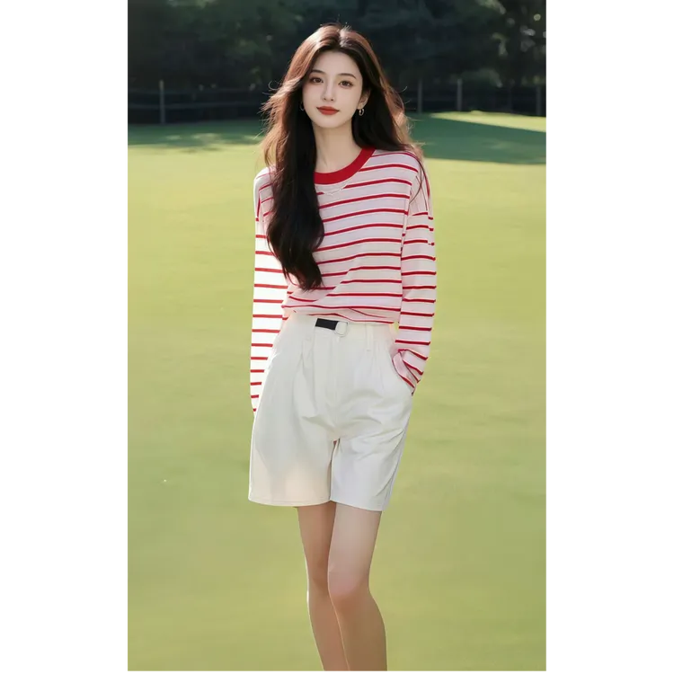 2025新款时尚条纹红色长袖夏款绝美女性显瘦针织高腰上衣短裤套装