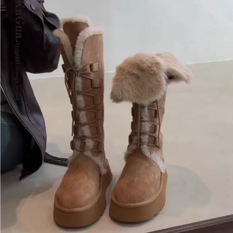 系带厚底高筒雪地靴女款2025新款冬季加绒加厚棉鞋两穿毛毛长筒靴