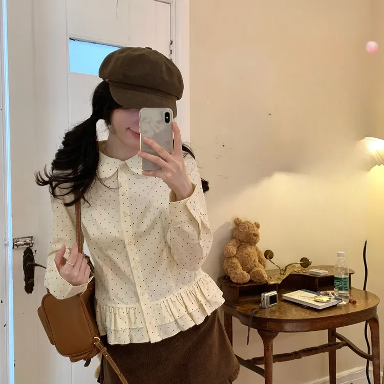 【全额运补】法式娃娃领花边波点衬衫女秋装设计感收腰显瘦长袖上衣