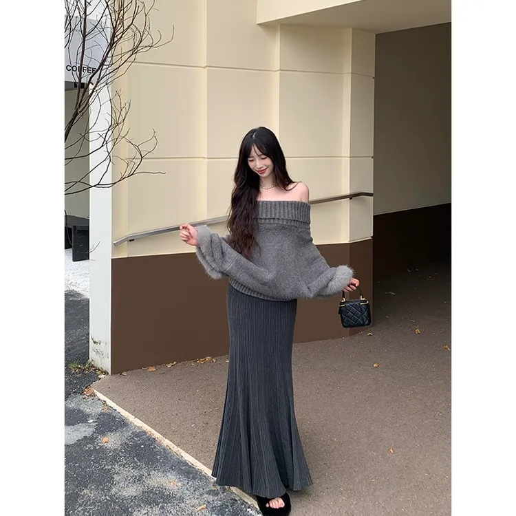 复古深灰色鱼尾针织半身裙女秋冬新款显瘦高腰半裙a字裙百褶裙女
