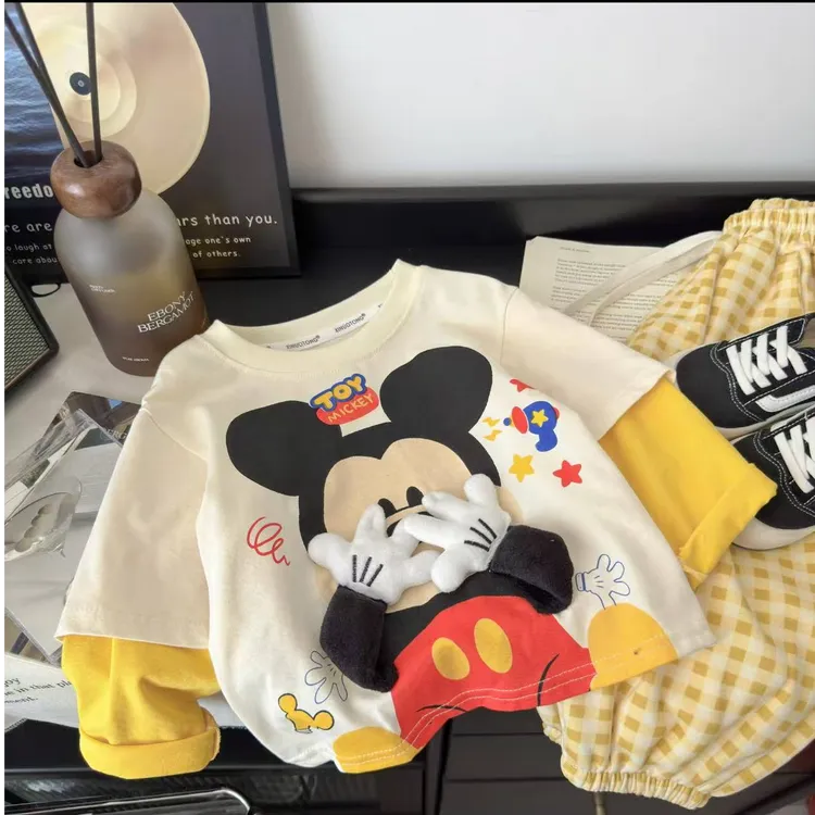 儿童2025韩版秋装新款玩偶长袖T恤百搭时尚长袖休闲假两件上衣