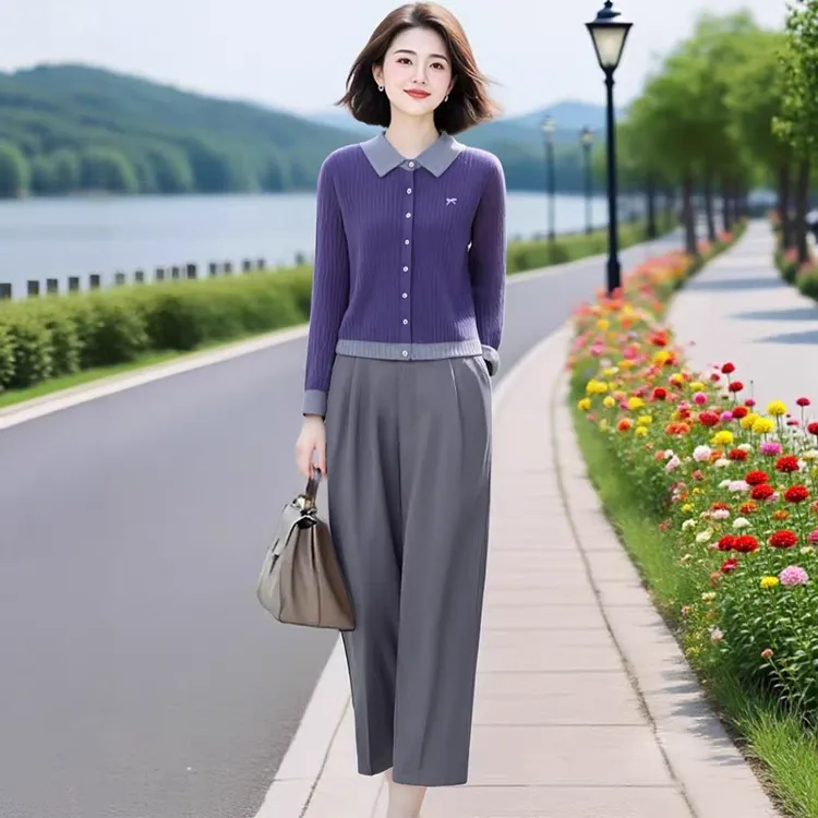 女装设计感撞色翻领针织开衫+松紧腰九分裤时尚套装2025秋季新款
