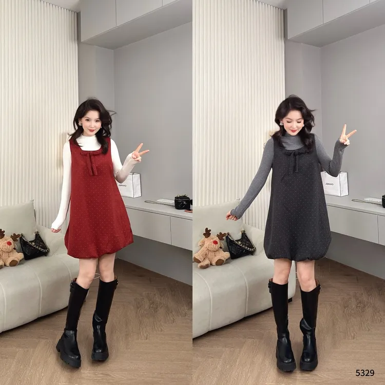 Saeda冬季法式温柔气质波点蝴蝶结无袖背心裙+打底衫时尚套装