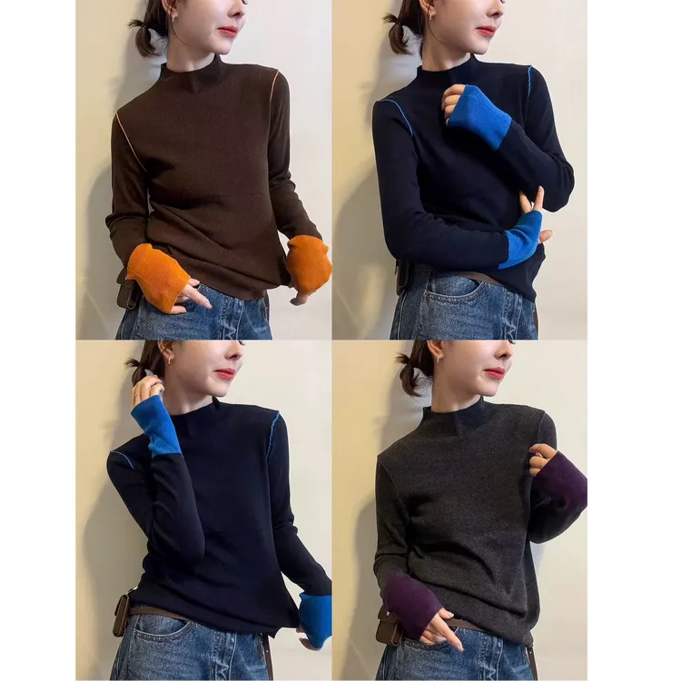 2025气质秋冬加绒设拼接撞色线条洋气百搭简约修身显瘦打底衫9221