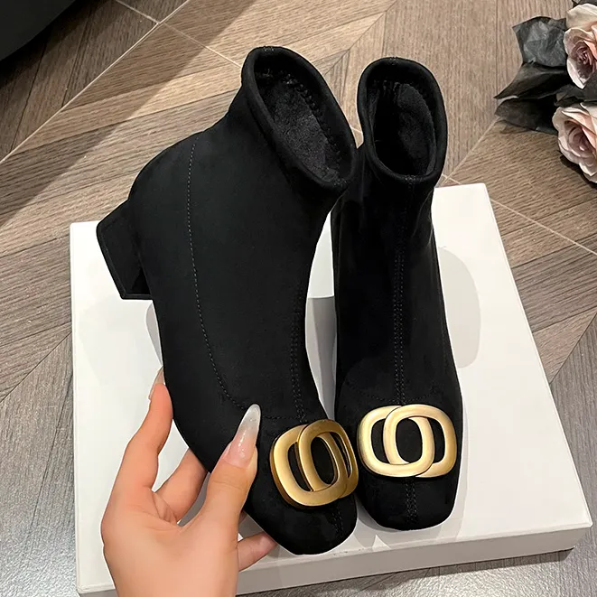 粗跟短靴女秋冬法式复古金属扣绒面方头弹力靴百搭短筒显瘦瘦瘦靴