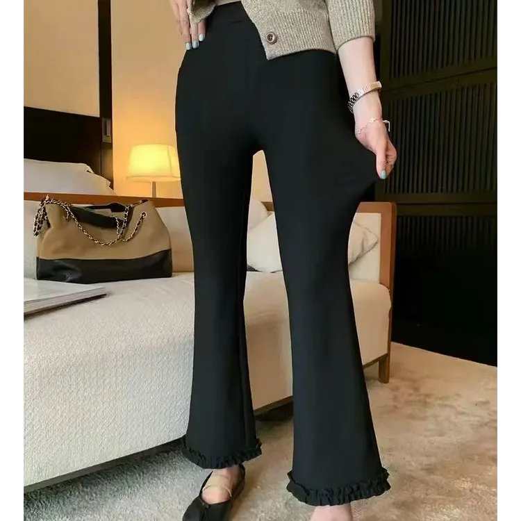 秋季大码女装梨形身材拼接木耳边显瘦遮肉休闲微喇裤
