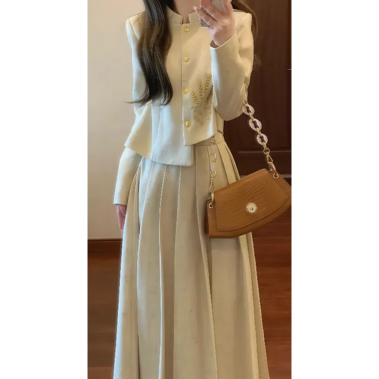 【富饶金麦穗】秋冬刺绣手工串珠毛呢外套&百褶半裙两件套装9835