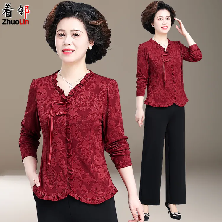 小个子妈妈秋装小衫喜婆婆婚宴装洋气中老年人春秋款奶奶上衣套装
