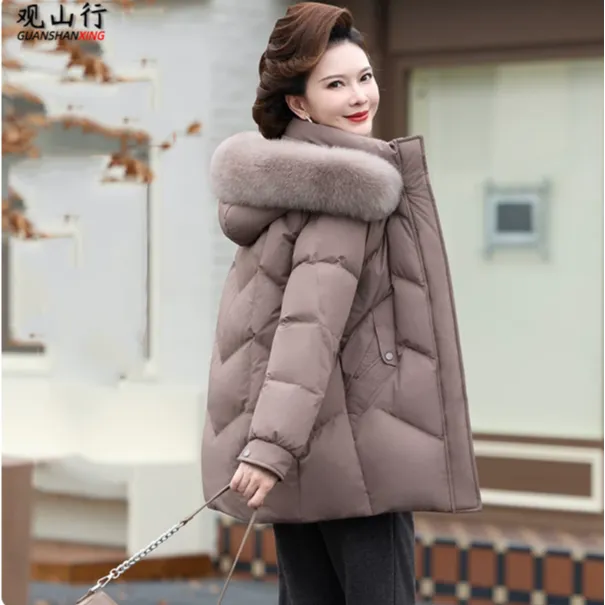 洋气妈妈冬装加绒加厚保暖棉衣外套时尚毛领中老年人女装棉服棉袄