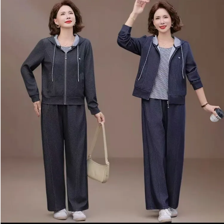 2025妈妈装春秋新款时尚运动休闲洋气连帽卫衣外套阔腿裤两件套
