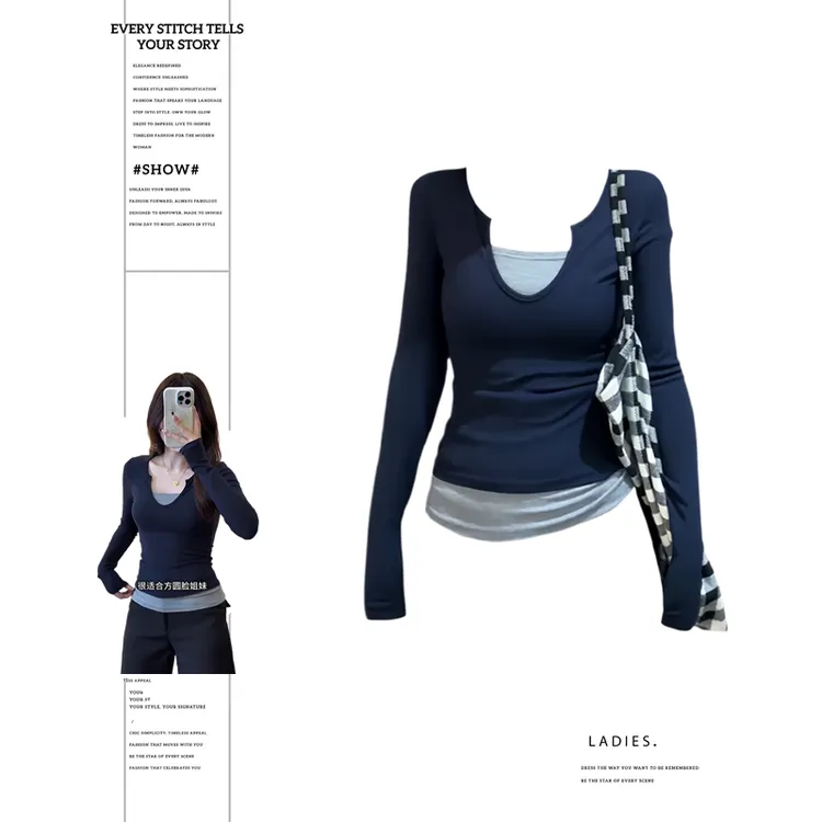 大码胖MM美式复古假两件正肩长袖T恤女秋季修身显瘦纯欲内搭上衣