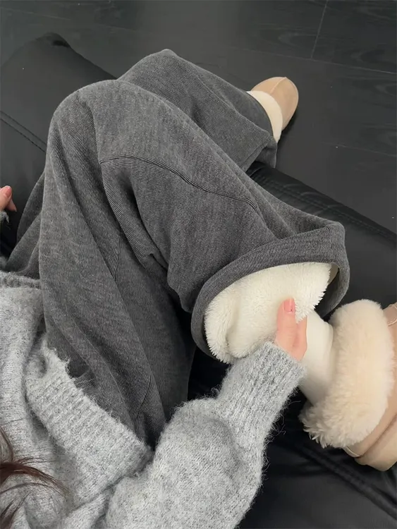 胖MM大码深灰色羊羔绒糯米阔腿裤女秋冬新款直筒裤高腰常规休闲裤