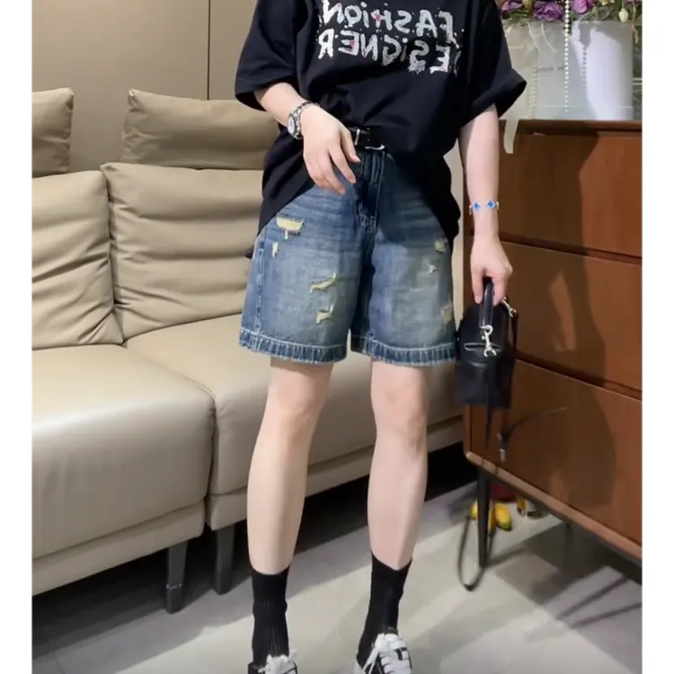 飞芊娅夏季新款薄款破洞高腰显瘦牛仔短裤梨型身材百搭宽松直筒裤