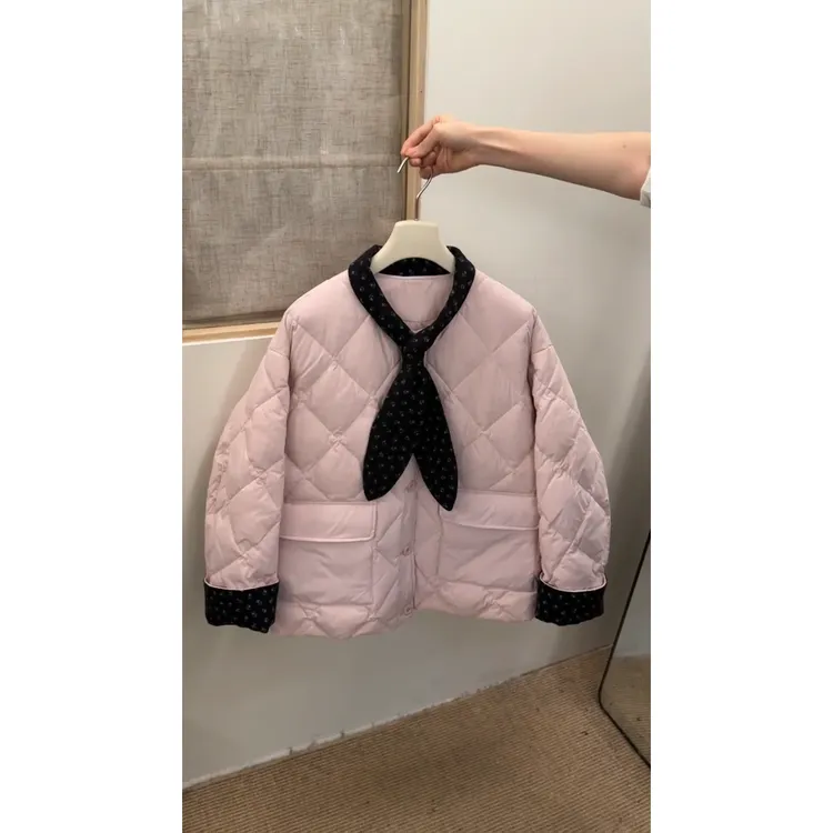 MARIE.COCO韩系温柔风设计感小碎花拼接菱格纹棉服外套冬季保暖装