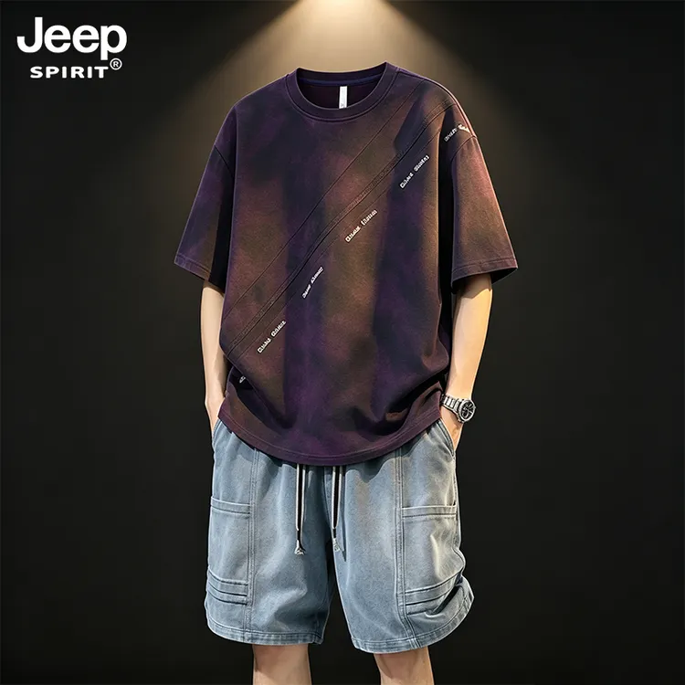 JEEPSPIRIT吉普男士套装夏季新款水洗短袖短裤大码宽松休闲两件套
