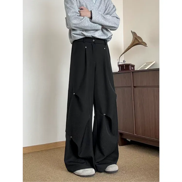 秋季男裤cleanfit暗黑褶皱铆钉阔腿休闲裤长裤男西裤痞帅潮流宽松