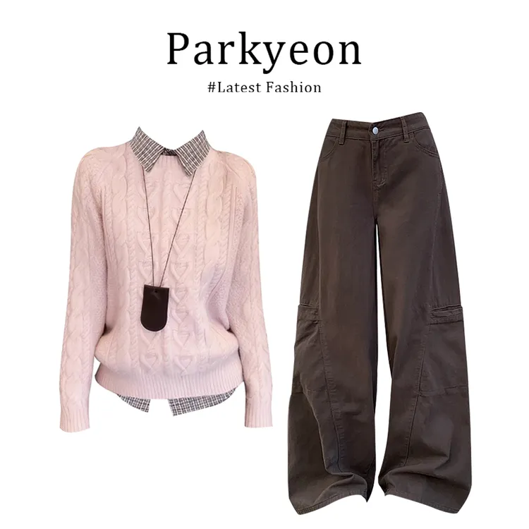 甜美风粉色针织马甲毛衣叠穿长袖衬衫冬季工装牛仔裤套装