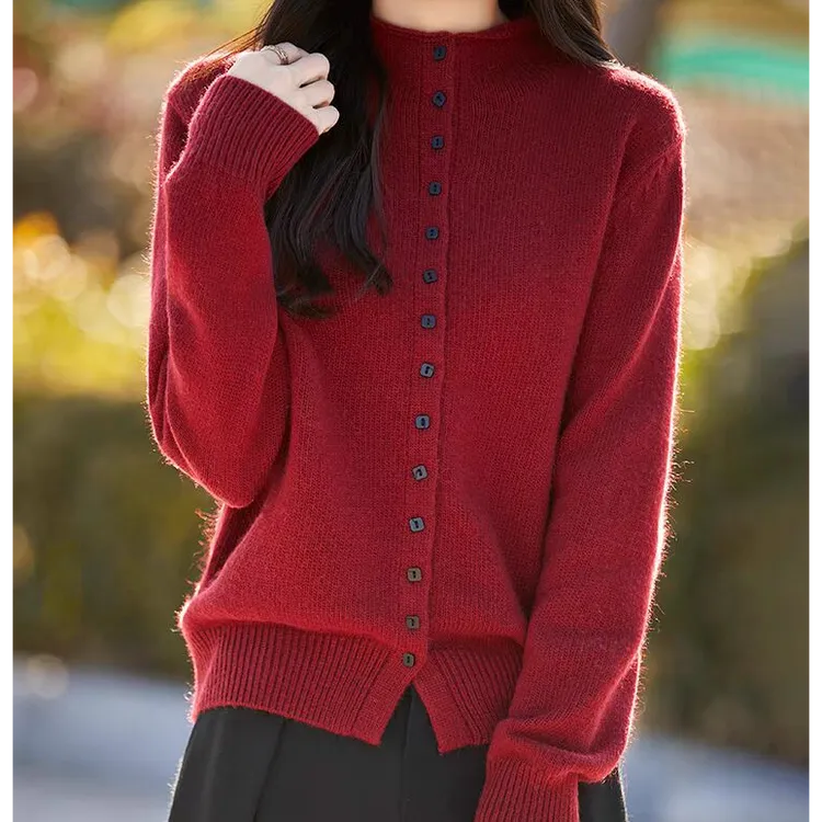 哥弟阿玛施正红色毛衣女款2025秋冬季新款半高领长袖羊毛针织开衫