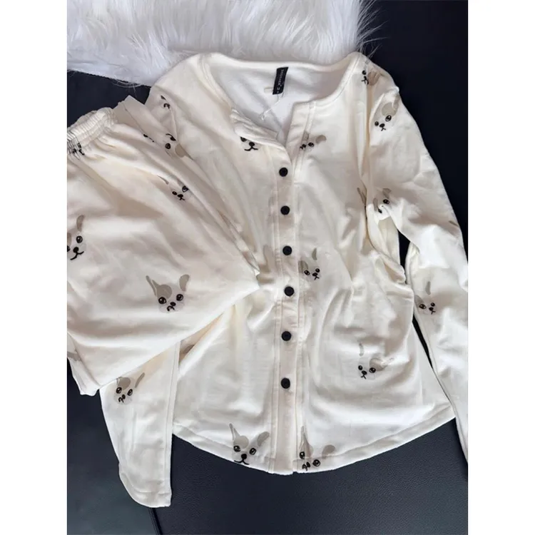 软糯糯小狗印花德绒睡衣女秋冬新款加厚保暖海岛绒长袖家居服套装