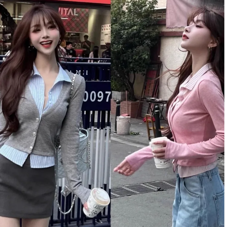 网红设计感春夏新款长袖假两件撞色衬衫拼接针织衫修身显瘦上衣女