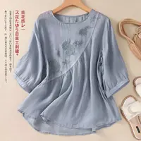 【清货+运费险】衬衫纯色文艺复古刺绣棉麻小衫圆领套头上衣V294