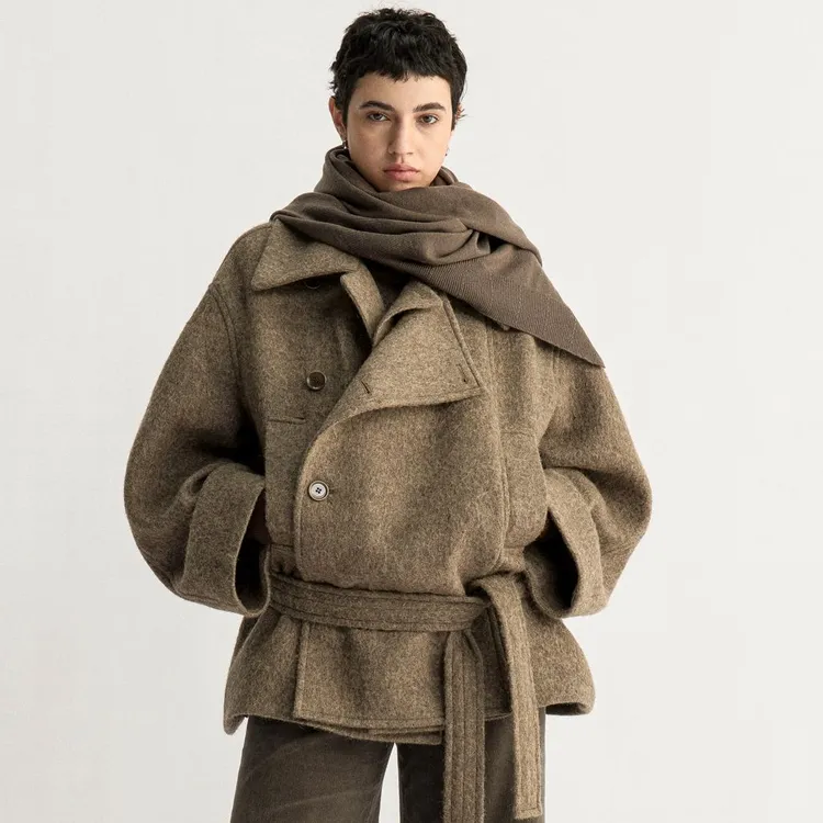 UNICA/复古高智氛围立领斜门襟进口肌理感羊驼毛羊毛长/短款大衣